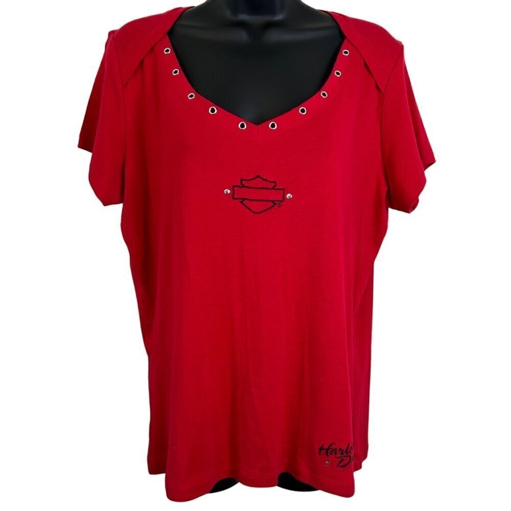 Harley Davidson Red Embroidered V Neck Tee Shirt Pensacola FL Size XL